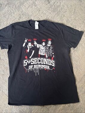 5 Seconds Of Summer Black Tee with Red & White Band Graphic